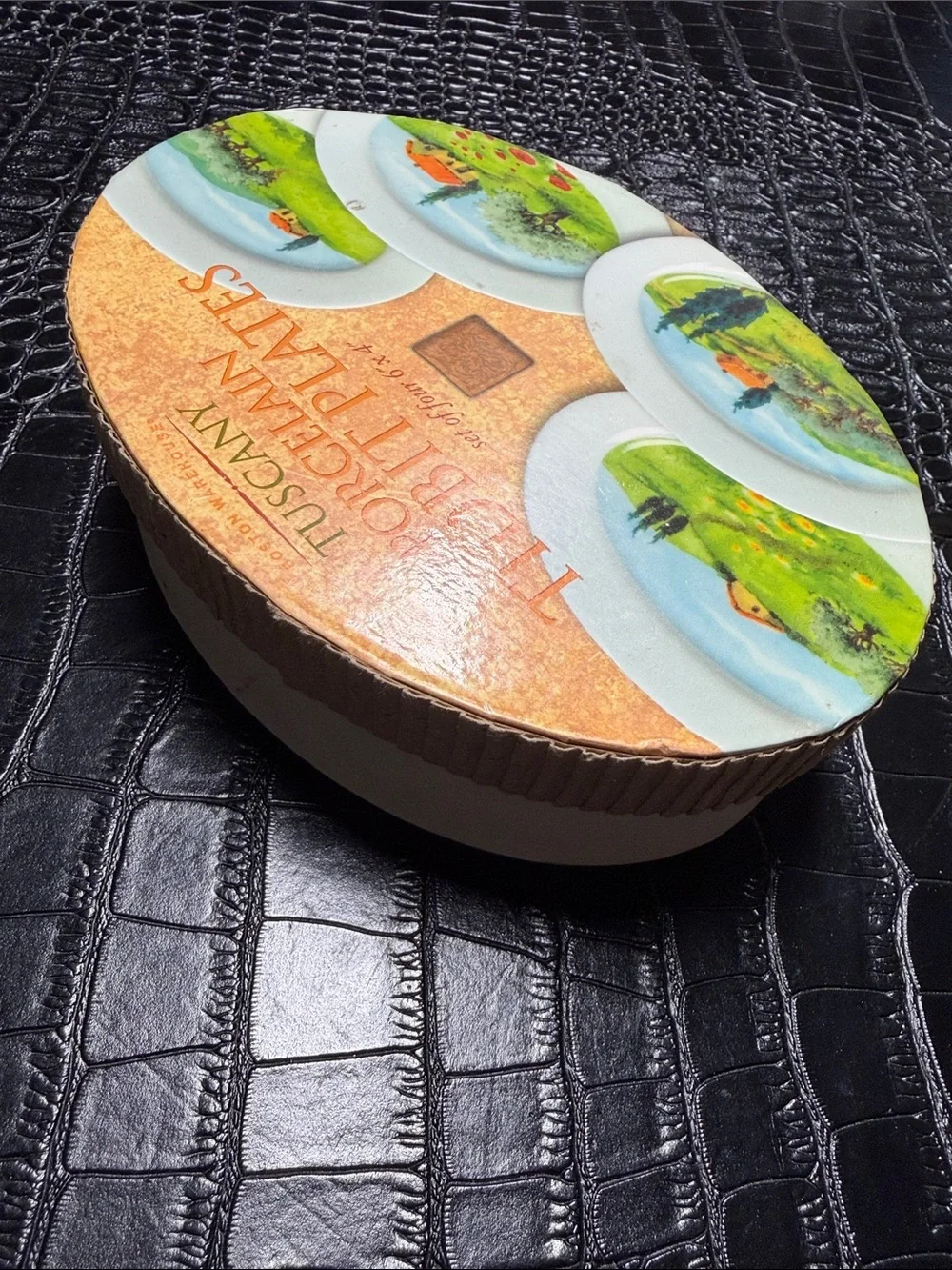 Boston Warehouse White Porcelain Tidbit Plates with Green & Orange Scenic Motif